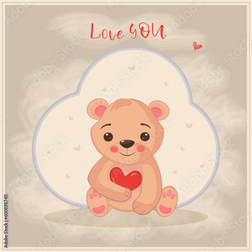 Love you card with bear and heart with broun background