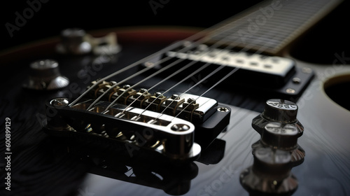 Closeup black electric guitar on a dark background. Concept of rock music. Body of elegant electric guitar. 3D realistic illustration. Generative AI