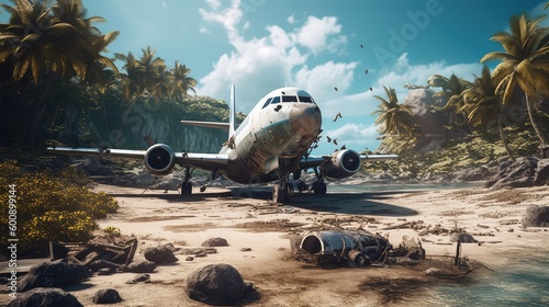 image generated by artificial intelligence, a survivor of a plane crash who has landed on a deserted island. You will have to find a way to survive and escape from the island before it is too late, ci