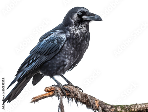 raven sitting on a branch, isolated from background, PNG, generative AI.
