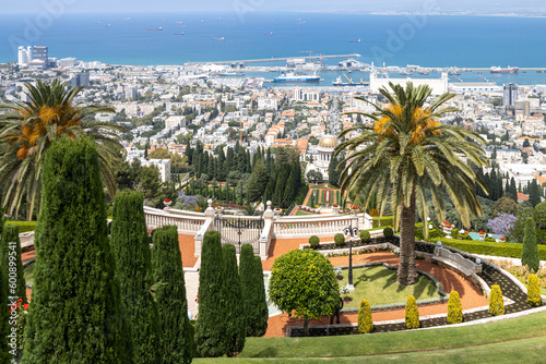 Haifa, Israel, June 26, 2022 : view from the Louis Promenade on Mount Carmel to the Bahai Temple, the downtown and port of Haifa city in Israel photo