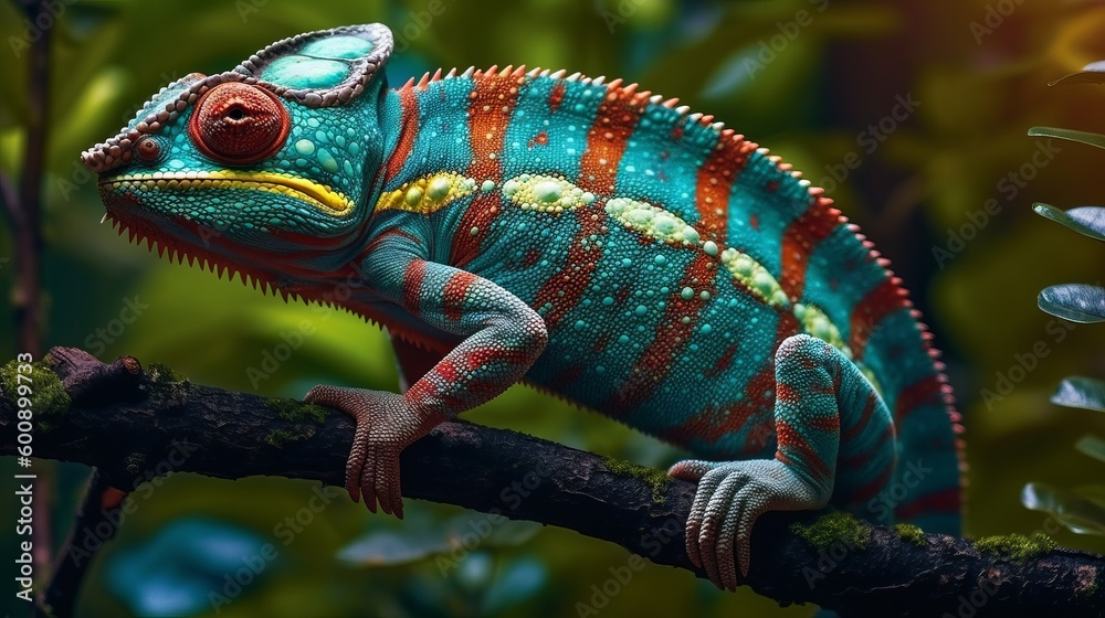 A cautious chameleon changing colors to blend in. AI generated