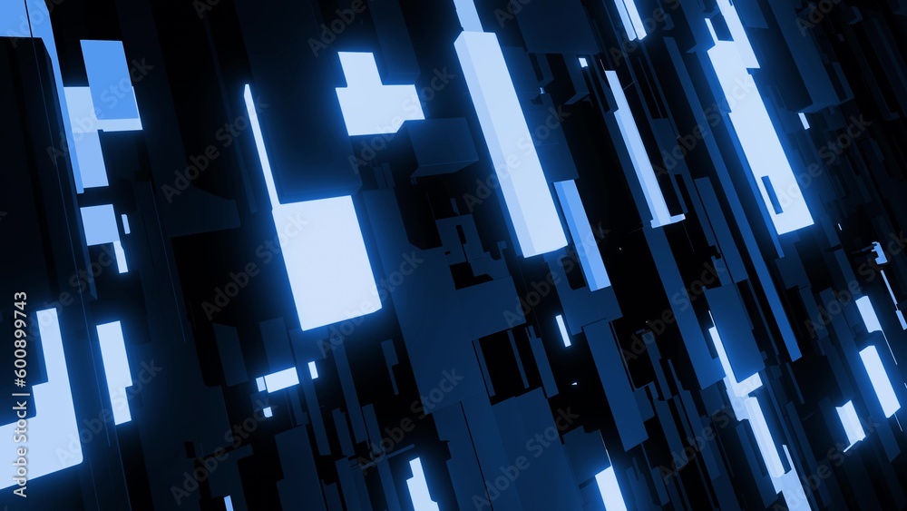 3d render. Abstract dark blue background with neon light like cyberpunk night city. Network of different sizes blocks as light bulbs. 3d render. Abstract dark blue background with neon light like cyberpunk night city. Network of different sizes blocks as light bulbs.
