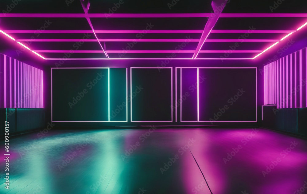 A dark room with colorful neon lights and with a colorful floor. A dark room with colorful neon lights and with a colorful floor.