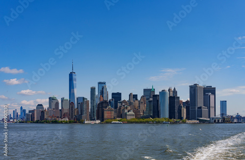 A view of Manhattan skyline with the one World Trade Center from the Staten Island Ferry in New York City.