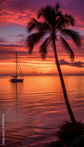 view of a sunset over a calm ocean, with warm orange and pink tones filling the sky. AI generative