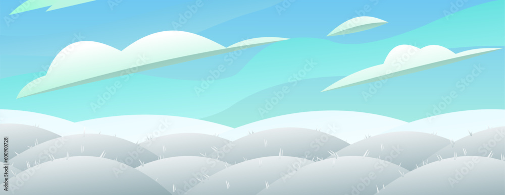 Snowy winter view. Hilly plain with snowdrifts. Landscape white winter. View of nature relief. Cartoon fun style. Flat design. Vector