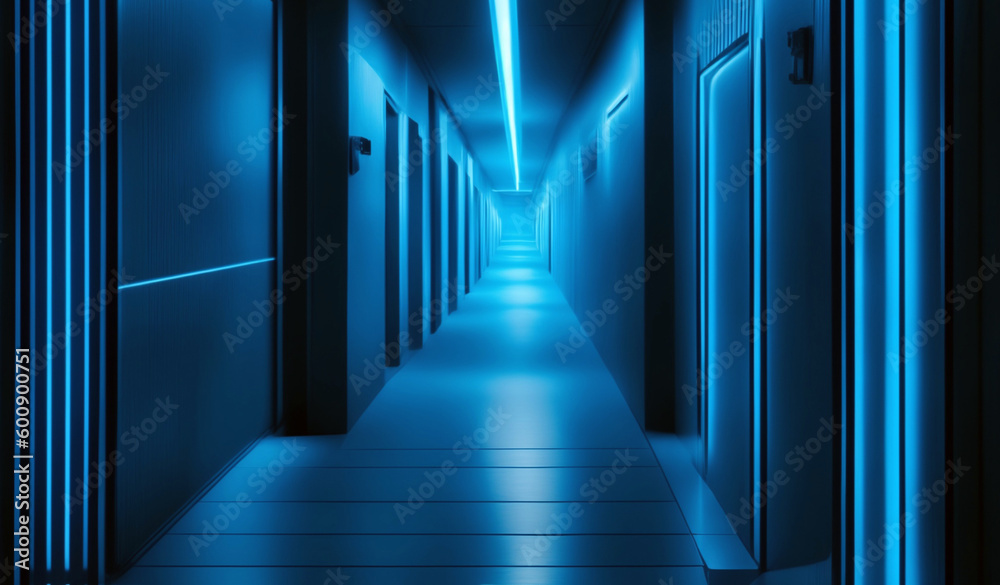 A blue hallway with blue lights was created by the Ai generator.