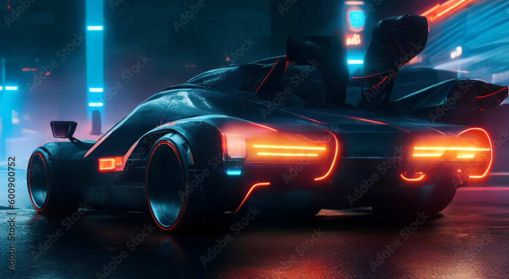 A futuristic sports car in a dark city with lights on it.