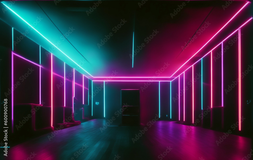 A dark room with neon lights and a hallway with neon lights A dark room with neon lights and a hallway with neon lights