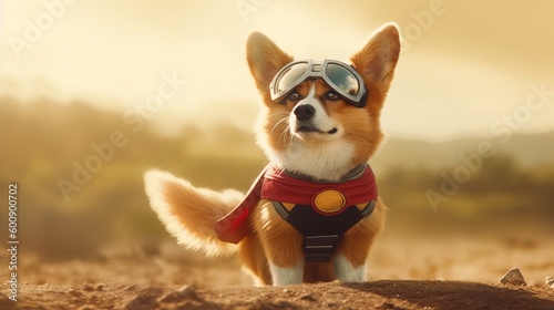 A clever corgi with a cape and goggles. AI generated