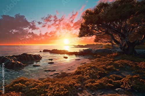 Serene Ocean Shore at Sunset with Generative AI © avrezn