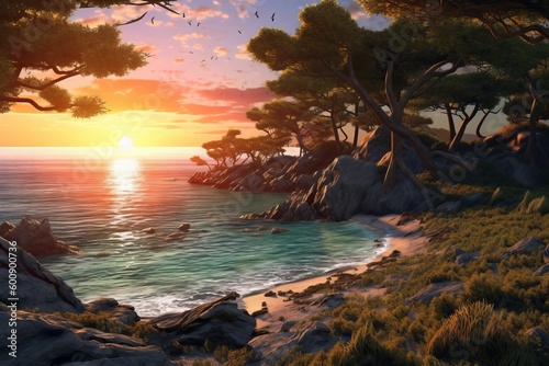 Serene Ocean Shore at Sunset with Generative AI