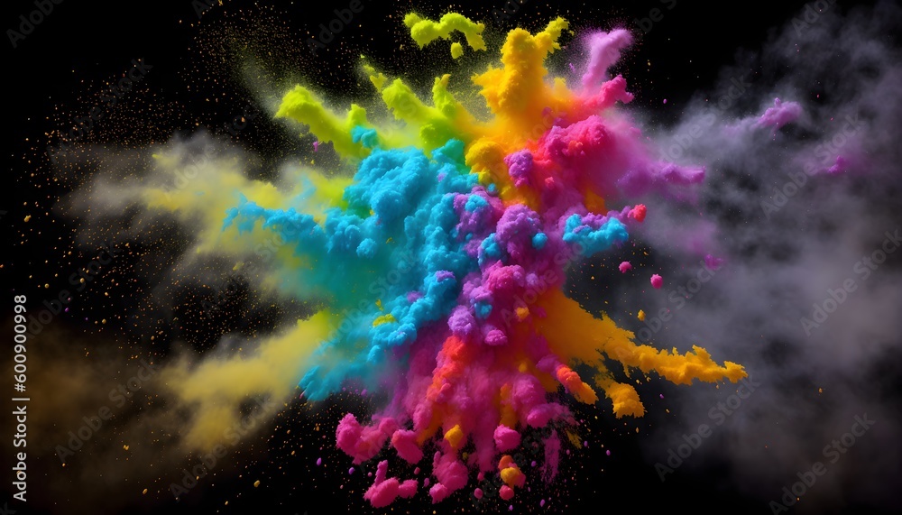 Rainbow holi powder. Abstract multi color paint explosion on black background. Colorful paint splashes on black background. Multicolor paint blast texture. Colorful paint spray on black. Generative AI