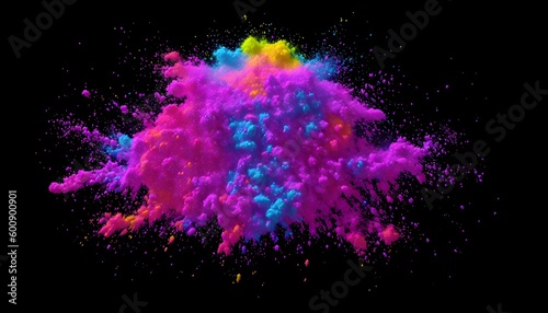 Rainbow holi powder. Abstract multi color paint explosion on black background. Colorful paint splashes on black background. Multicolor paint blast texture. Colorful paint spray on black. Generative AI © 360VP