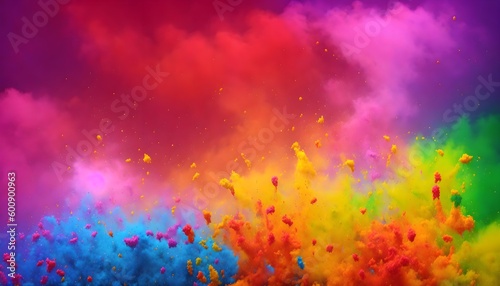 Multicolored explosion of rainbow holi powder paint isolated on white background. Generative AI