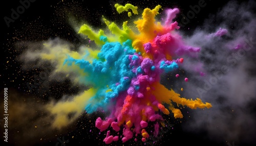 Rainbow holi powder. Abstract multi color paint explosion on black background. Colorful paint splashes on black background. Multicolor paint blast texture. Colorful paint spray on black. Generative AI