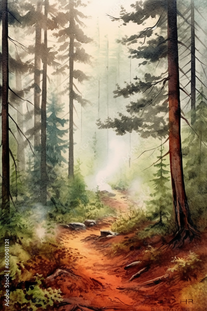 Obraz premium A watercolor painting of a misty forest, tranquil, deep, fairy tale vibe, simple watercolor style with few details, semi abstract. AI generative