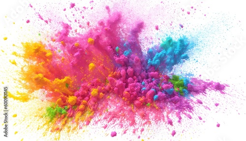 Multicolored explosion of rainbow holi powder paint isolated on white background. Generative AI