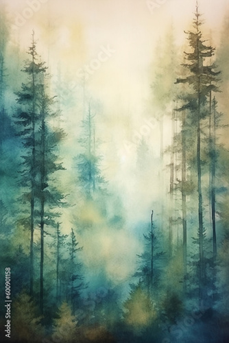 A watercolor painting of a misty forest, tranquil, deep, fairy tale vibe, simple watercolor style with few details, semi abstract. AI generative © SANGHYUN