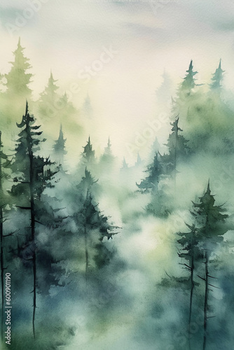 A watercolor painting of a misty forest, tranquil, deep, fairy tale vibe, simple watercolor style with few details, semi abstract. AI generative
