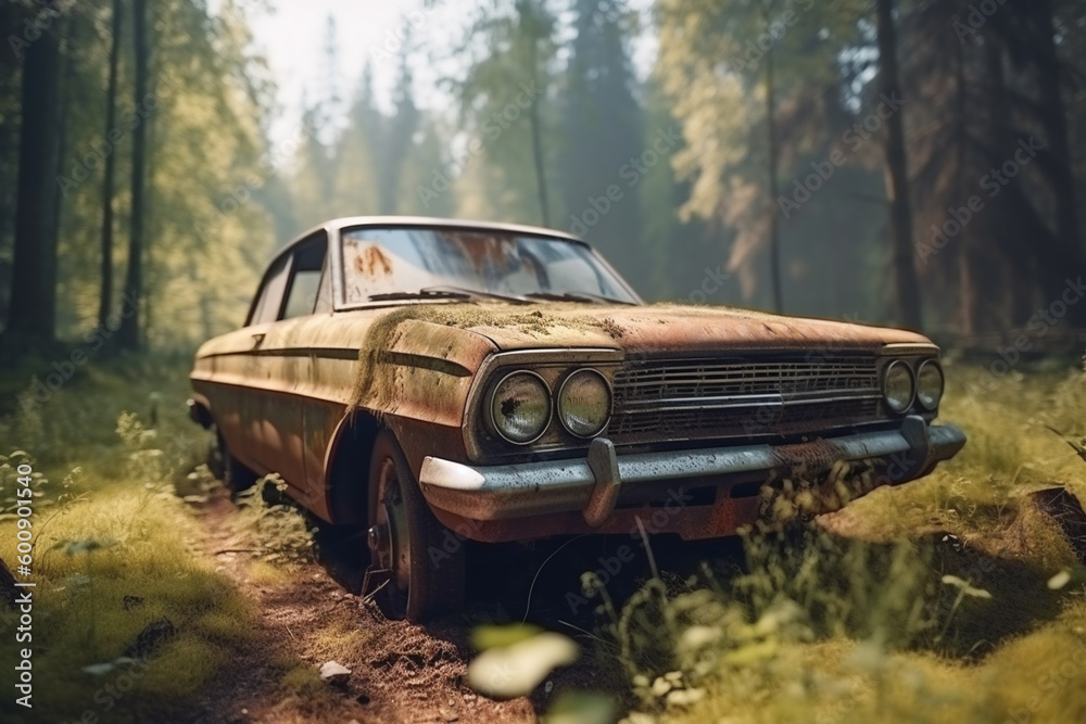 Old rusty retro car overgrown with grass in the forest. Abandoned classic old car with rust on metal. Generative AI Old rusty retro car overgrown with grass in the forest. Abandoned classic old car with rust on metal. Generative AI