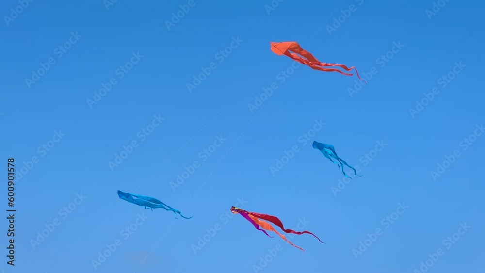 Different colorful kites are flying in the blue sky and swaying in the wind during summer outdoor festival. Childhood, freedom and leisure time concept