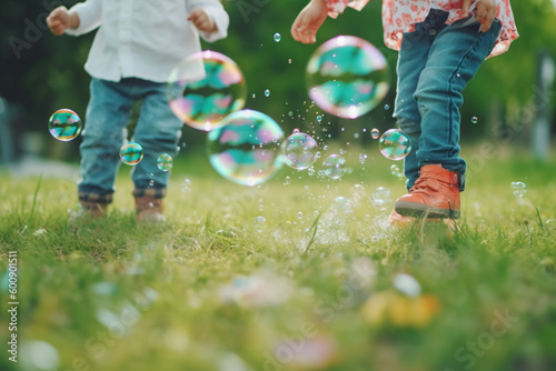 Close up big bubbles blurred background of a child's legs wearing white clothes. AI generative