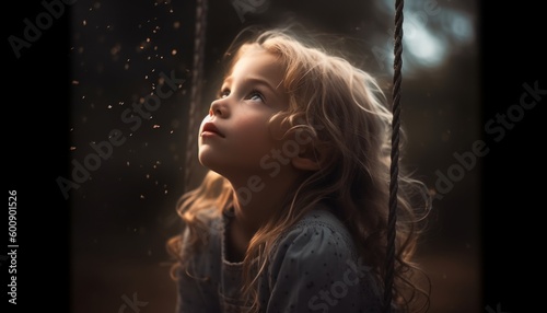 A pretty girl sitting on a swing, looking at the rainy sky with a smile expression on her face, hope and faith ai, ai generative, illustration