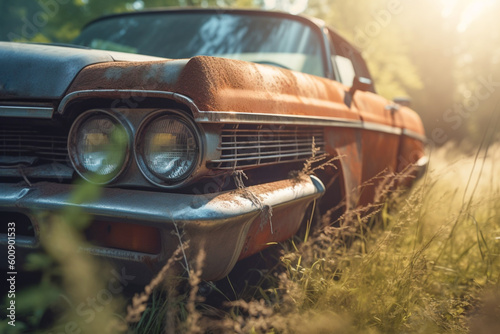 Old rusty retro car overgrown with grass in the forest. Abandoned classic old car with rust on metal. Generative AI