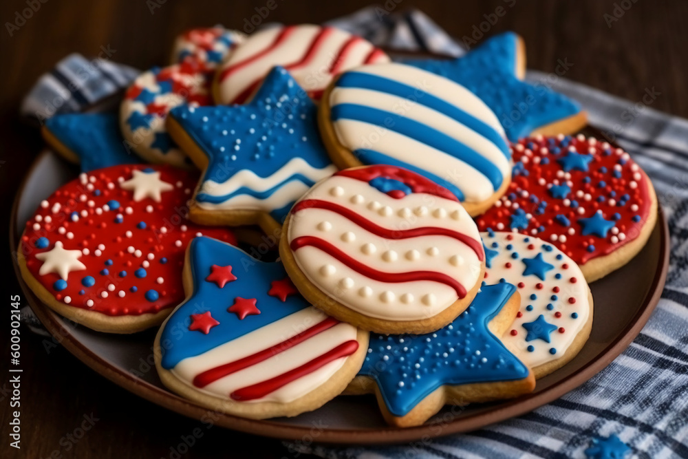 Cookies decorated in red white and blue for 4th July celebration. AI generative
