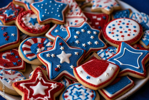 Cookies decorated in red white and blue for 4th July celebration. AI generative