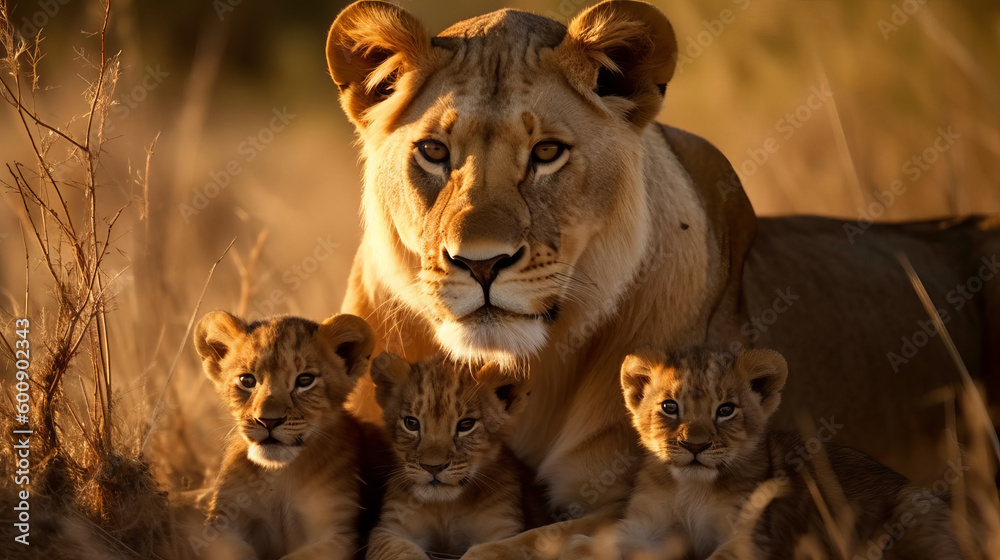 A courageous lioness protecting her cubs. AI generated - obrazy, fototapety, plakaty 