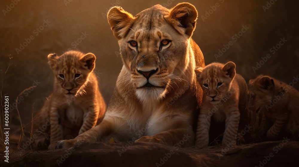 A courageous lioness protecting her cubs. AI generated - obrazy, fototapety, plakaty 