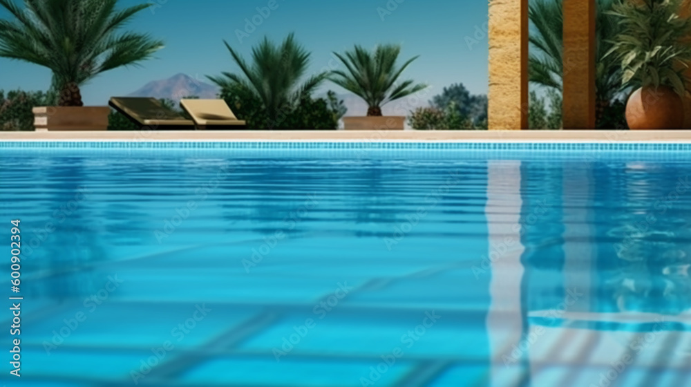 Empty poolside surface with summer travel hotel swimming pool background. AI generative