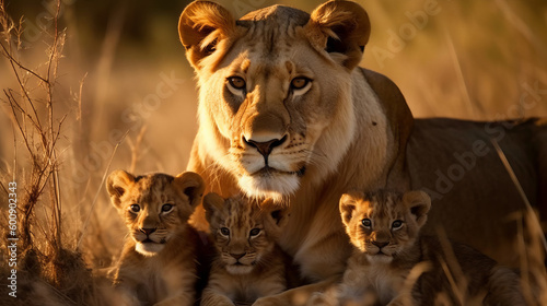 A courageous lioness protecting her cubs. AI generated photo