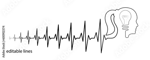 Heart rhythm illustration with woman human head, lightbulb, heartbeat line vector design to use in healthcare, business, healthy lifestyle, medicine and ekg concept illustration projects.
