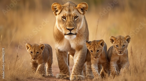 Photo A courageous lioness protecting her cubs. AI generated