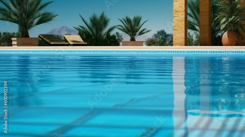 Empty poolside surface with summer travel hotel swimming pool background. AI generative