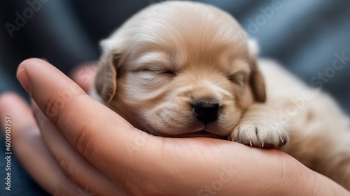 A cuddly puppy nuzzling its owners hand. AI generated