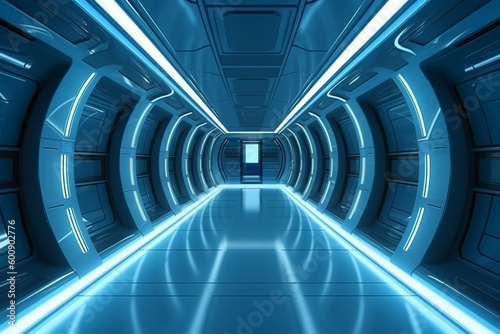 Futuristic background science fiction interior and blue light architecture corridor. AI generative