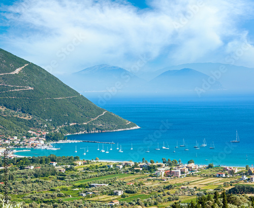 Beautiful summer Lefkada coast (Vasiliki town, Greece, Ionian Sea)  view from up