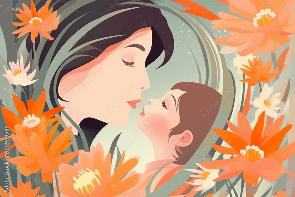 Illustration of mother with her little child, flower in the background. Concept of mothers day, mothers love, relationships between mother and child. AI generative