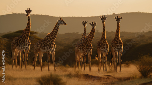 Immerse yourself in the dynamic energy of a group of giraffes as they traverse the savannah, their synchronized movements and synchronized strides showcasing the beauty of unity and collaboration.
