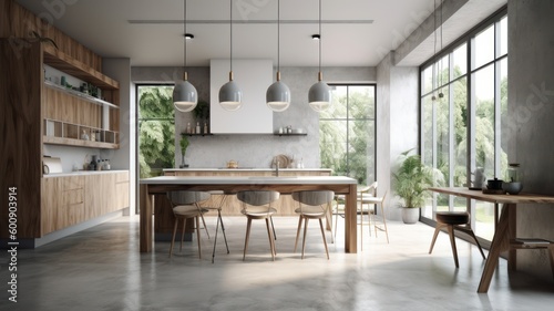 Dining room and kitchen in a new open plan home. Features White walls and ceiling and parquet floors. Beautiful furniture made of wood and marble light-colored furniture fronts Generative AI