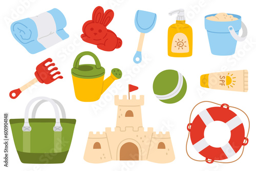 A vector collection of cartoon beach tools, toys including a sandcastle, beach bag, a beach ball  and a bucket.