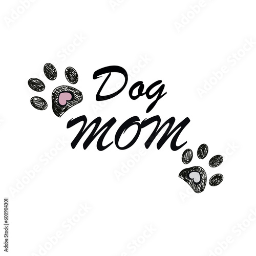 Dog mom text with paw prints and hearts. Happy Mother's day greeting card