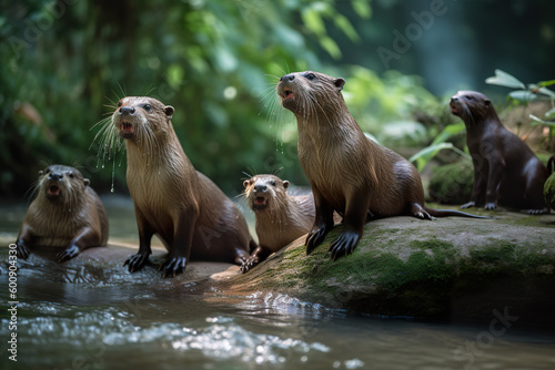 Cute playful seal swimming in blue water. A family of otters playing in a river. Giant river otter in the nature habitat. 3D realistic illustration. Generative AI