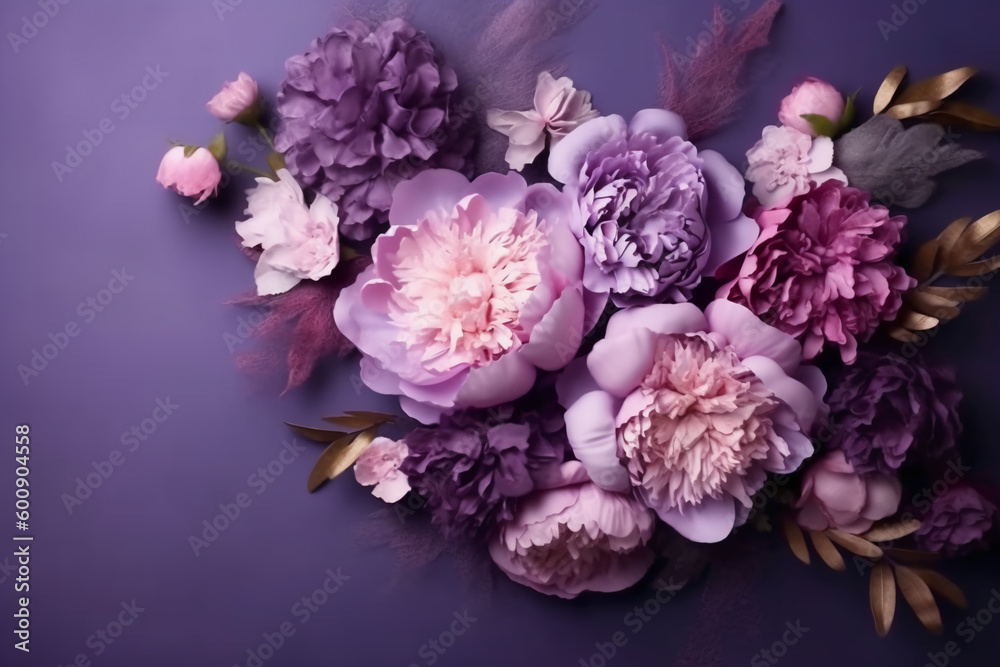 Fototapeta premium Peonies, roses on purple background with copy space. Abstract natural floral frame layout with text space. Romantic feminine composition. Wedding invitation. AI generative