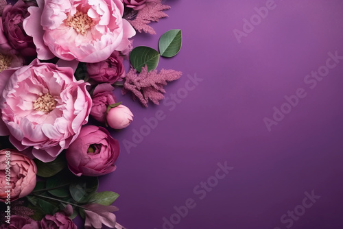 Peonies, roses on purple background with copy space. Abstract natural floral frame layout with text space. Romantic feminine composition. Wedding invitation. AI generative